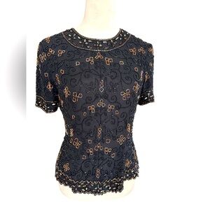 Black gold all over sequin embroidery and silk 80s vintage short sleeve top